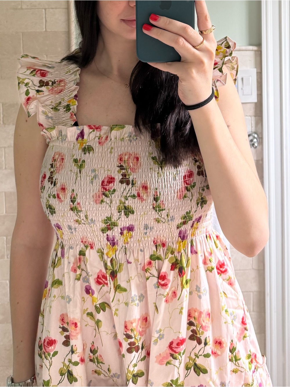 Hill House Floral Ruffle-Shoulder Midi Dress in White and Pink - Picture 2 of 2